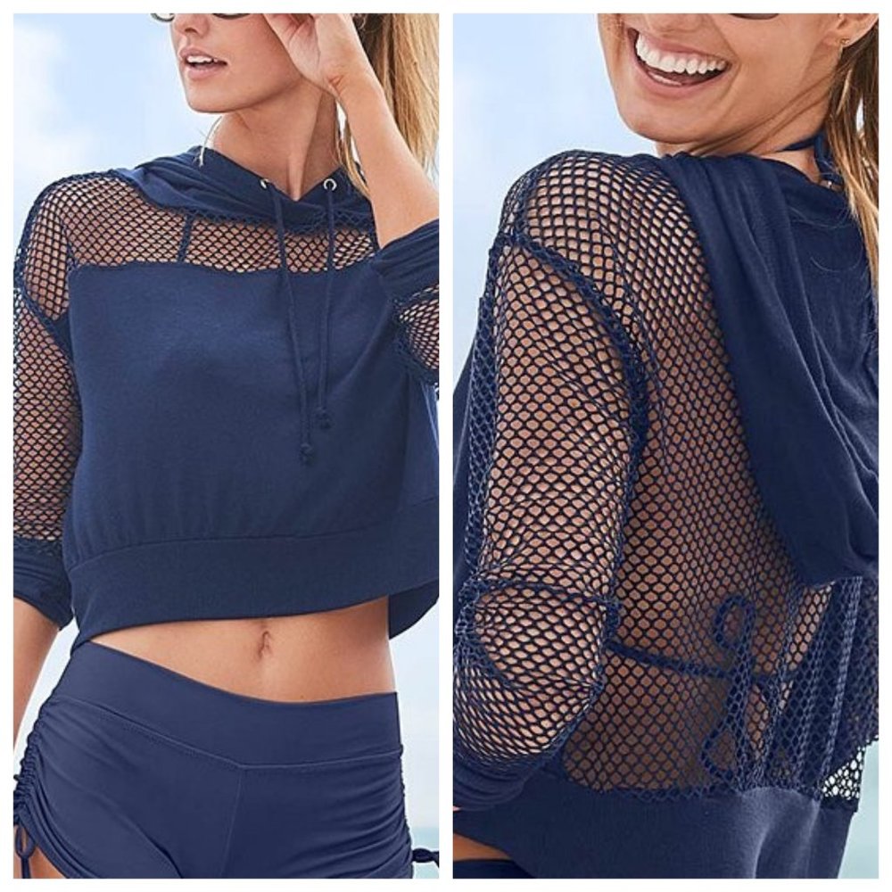 Blue Venus Cropped Mesh Hoodie Cover-Up